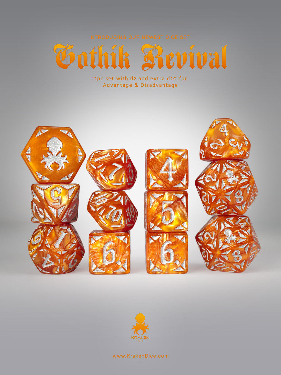 Orange Gothik Revival  RPG 12pc Dice Set